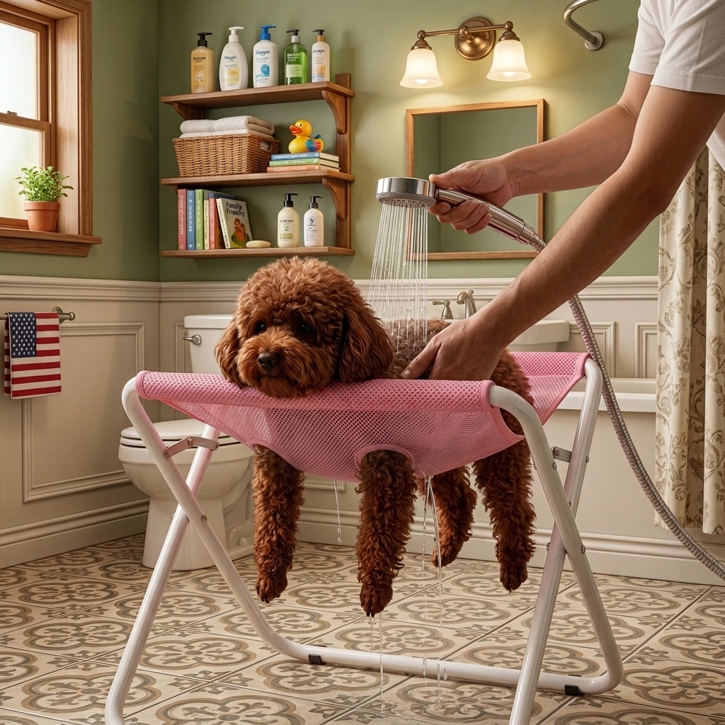 Small dog calmly bathing in the BathNest stand